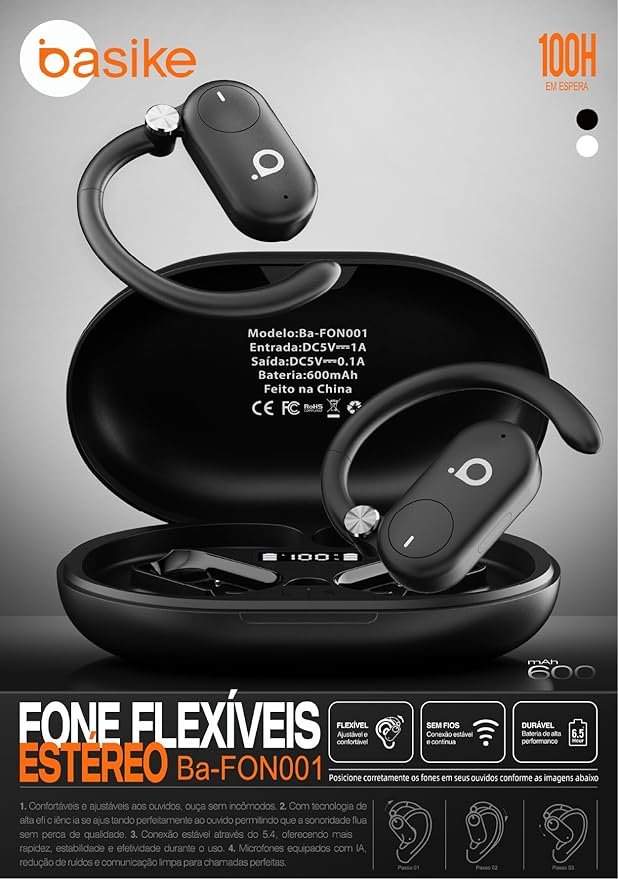 Fones de Ouvido Sem Fio Basike D91, Bluetooth 5.4, Estéreo Hi-Fi, Tela LED, 100h Standby, Leve e Confortável, Ideal para Corrida e Exercícios