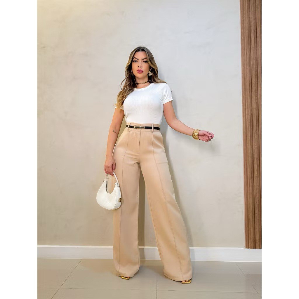 Calça Social Feminina ZARA Pantalona Alfaiataria Com Cinto Lançamento Moda Zr Luxo Elegancia Social - Imagem 8